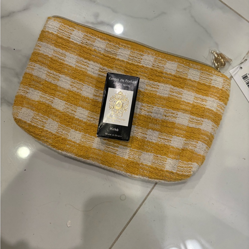 Sisley Yellow and White Checkered Clutch and perfume sample